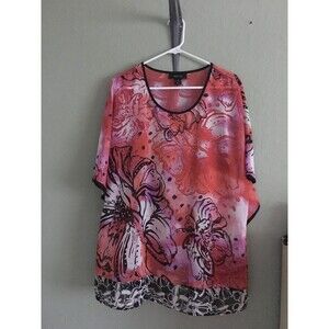 Style & Co Size 18 Sheer Blouse Top  Kimono Short Sleeve Scoop Neck Pink Floral